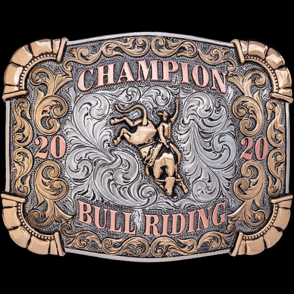 The Mesquite Custom Belt Buckle features bronze corners and scrollwork with jeweler's copper lettering. Personalize this buckle design for your rodeo event today!